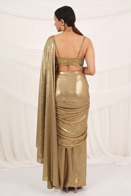 Aurouss Old Gold Pre-Draped Saree Set 