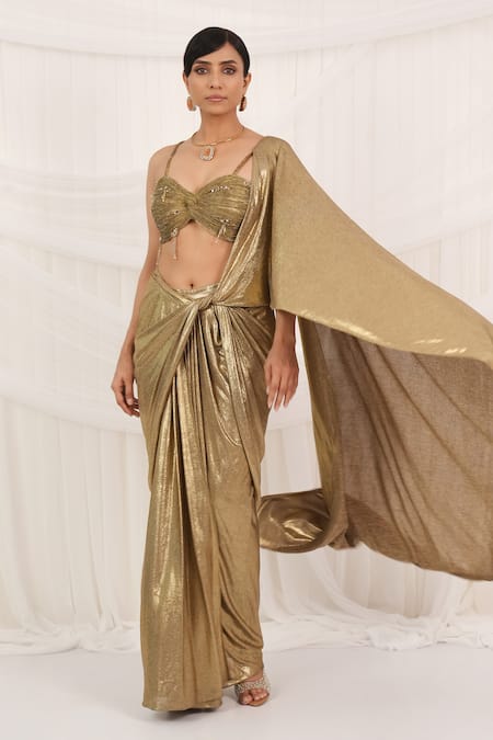 Buy Aurouss Gold Lycra, Tulle Beads, Sequins Round Neck Pre-draped Saree Set Online at Aza Fashions Buy_Aurouss_Gold Lycra, Tulle Beads, Sequins Round Neck Pre-draped Saree Set _Online_at_Aza_Fashions