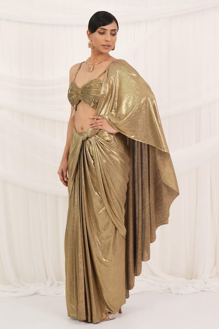 Shop Aurouss Gold Lycra, Tulle Beads, Sequins Round Neck Pre-draped Saree Set Online at Aza Fashions Shop_Aurouss_Gold Lycra, Tulle Beads, Sequins Round Neck Pre-draped Saree Set _Online_at_Aza_Fashions