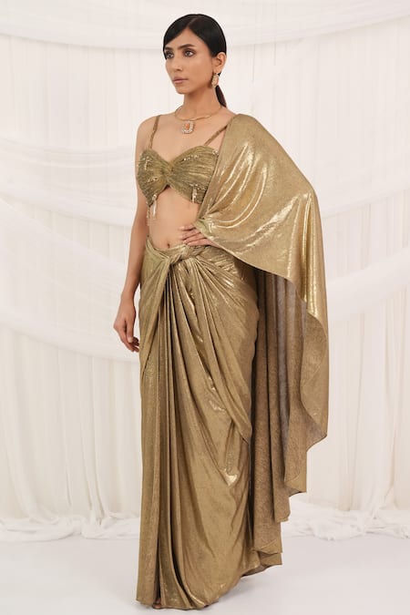 Aurouss Gold Lycra, Tulle Beads, Sequins Round Neck Pre-draped Saree Set at Aza Fashions Aurouss_Gold Lycra, Tulle Beads, Sequins Round Neck Pre-draped Saree Set _at_Aza_Fashions