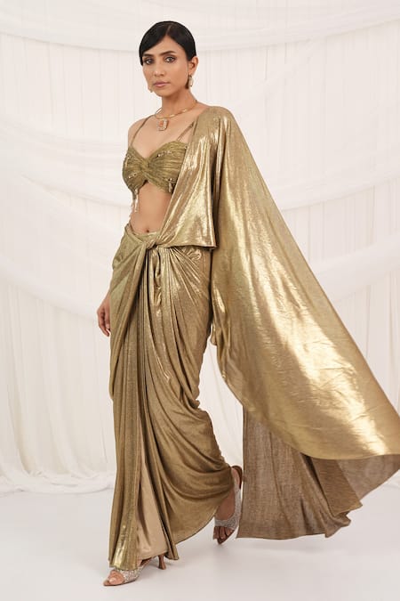 Buy Aurouss Gold Lycra, Tulle Beads, Sequins Round Neck Pre-draped Saree Set Buy_Aurouss_Gold Lycra, Tulle Beads, Sequins Round Neck Pre-draped Saree Set