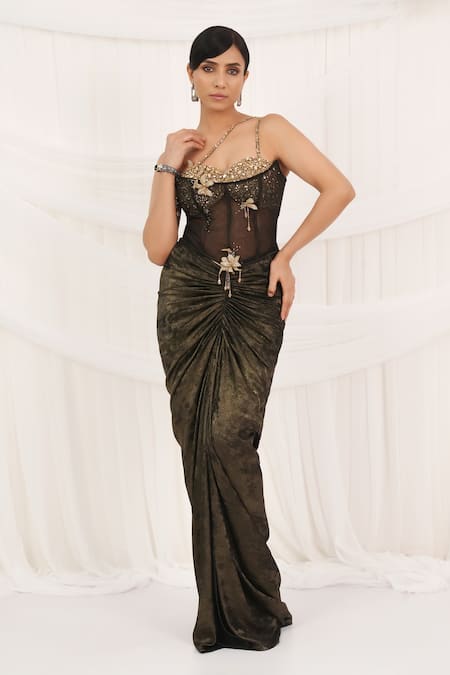 Aurouss Black Satin, Tulle Beads, Embroidery Sweetheart Gold Draped Skirt And Corset Set