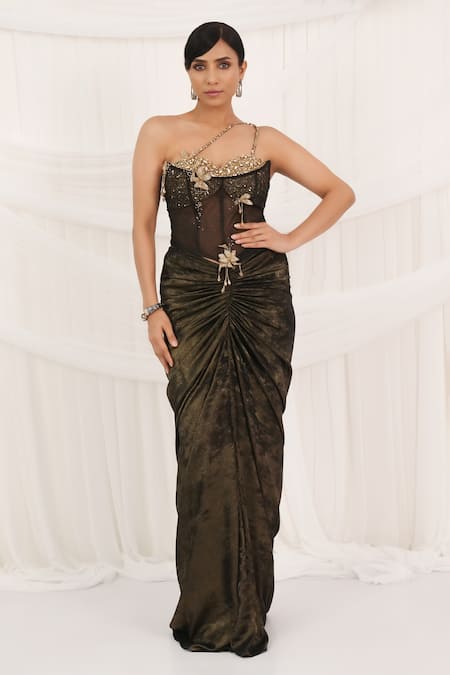 Buy_Aurouss_Black Satin, Tulle Beads, Embroidery Sweetheart Gold Draped Skirt And Corset Set _Online_at_Aza_Fashions