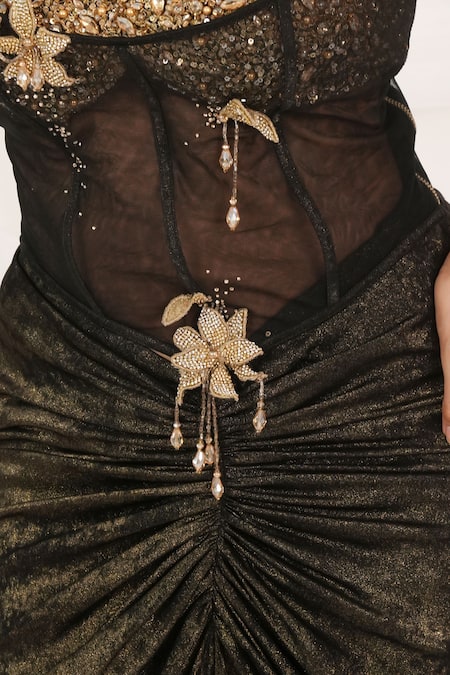 Buy_Aurouss_Black Satin, Tulle Beads, Embroidery Sweetheart Gold Draped Skirt And Corset Set 