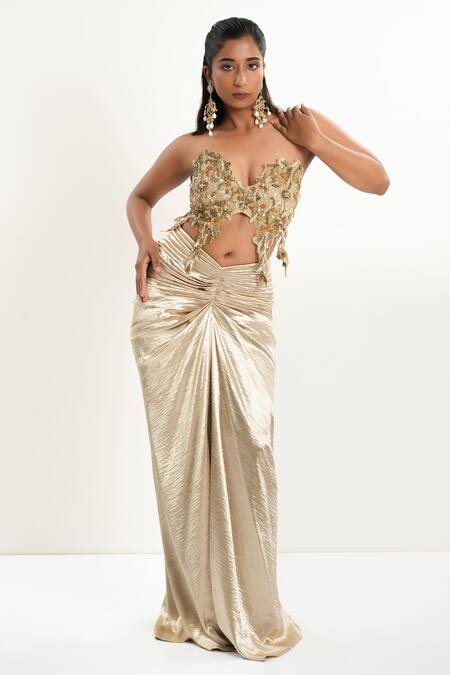 Aurouss_Gold Satin, Tulle Beads, Sequins Plunge Liquid Designer Cape And Draped Skirt _at_Aza_Fashions