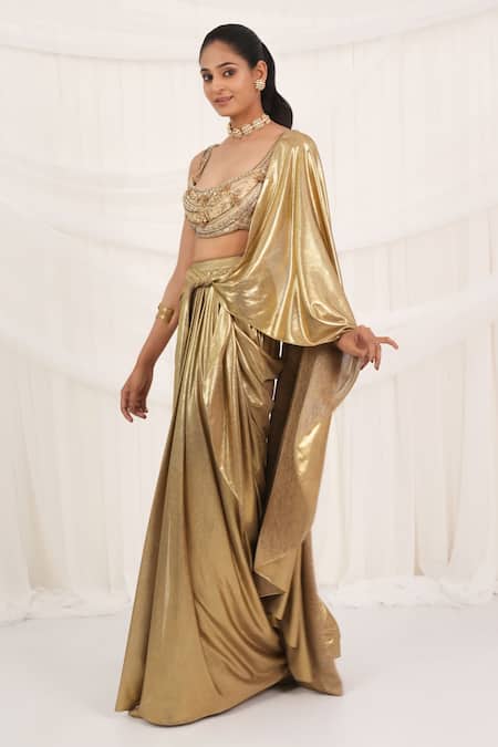 Buy_Aurouss_Gold Lycra, Tulle, Mesh Beads, Sequins, Embroidery Foilflex Pre-draped Saree Set _Online_at_Aza_Fashions