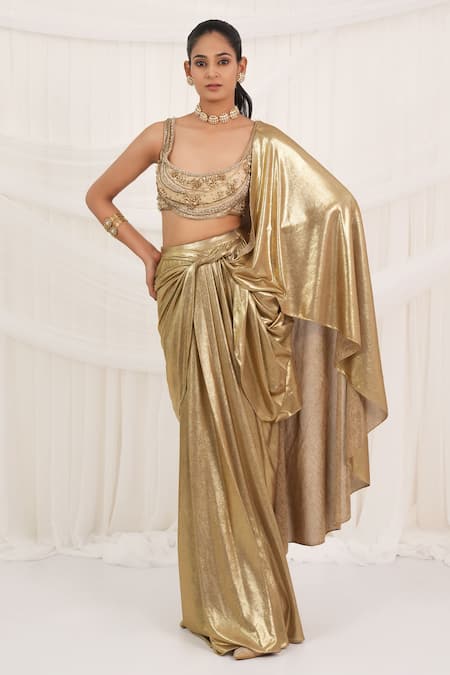 Aurouss Gold Lycra, Tulle, Mesh Beads, Sequins, Embroidery Foilflex Pre-draped Saree Set 