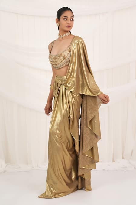 Shop_Aurouss_Gold Lycra, Tulle, Mesh Beads, Sequins, Embroidery Foilflex Pre-draped Saree Set _Online_at_Aza_Fashions