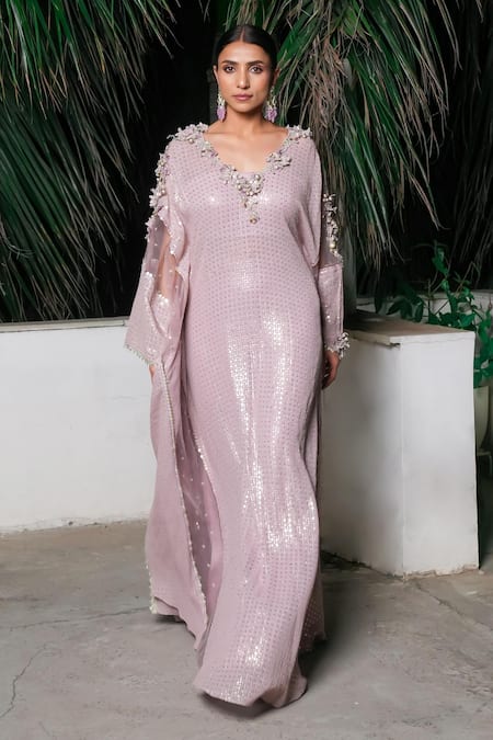 Buy_Aurouss_Lilac Georgette, Satin, Twill Sequins, Beads Round Neck Embroidered Kaftan _Online_at_Aza_Fashions