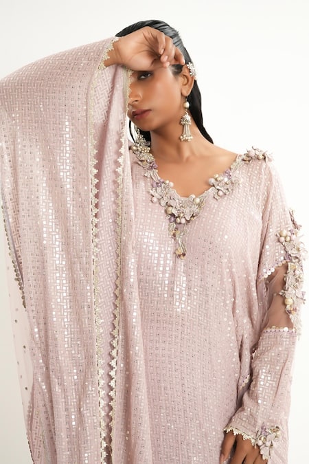 Aurouss_Lilac Georgette, Satin, Twill Sequins, Beads Round Neck Embroidered Kaftan _at_Aza_Fashions