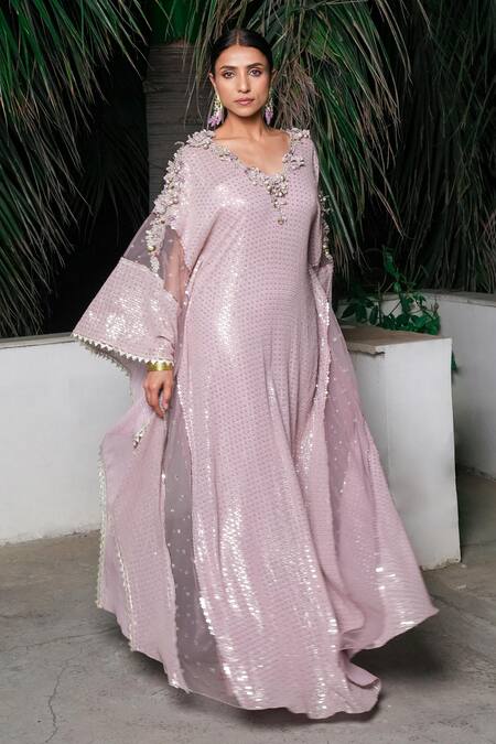 Buy_Aurouss_Lilac Georgette, Satin, Twill Sequins, Beads Round Neck Embroidered Kaftan 