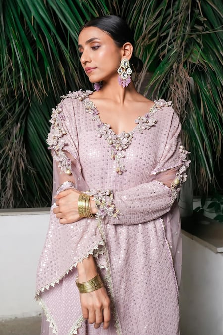 Shop_Aurouss_Lilac Georgette, Satin, Twill Sequins, Beads Round Neck Embroidered Kaftan 
