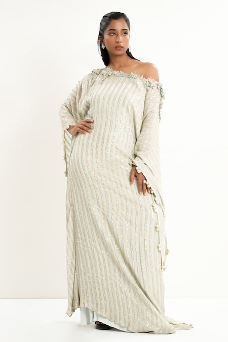 Aurouss Green Georgette, Satin, Twill Sequins Asymmetric Embroidered Kaftan