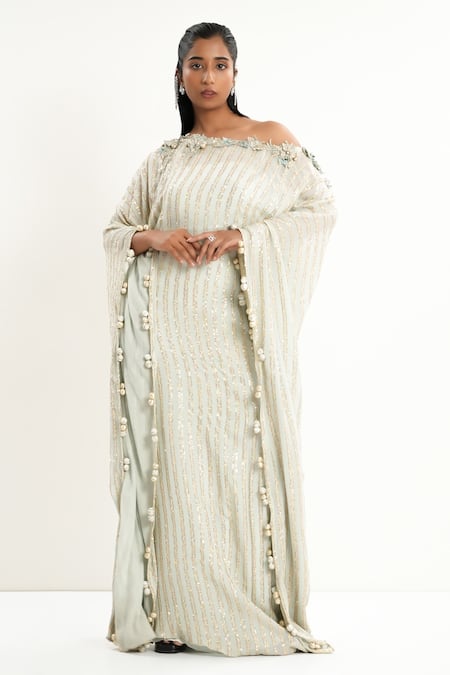 Shop Aurouss Green Georgette, Satin, Twill Sequins Asymmetric Embroidered Kaftan Online at Aza Fashions Shop_Aurouss_Green Georgette, Satin, Twill Sequins Asymmetric Embroidered Kaftan _Online_at_Aza_Fashions