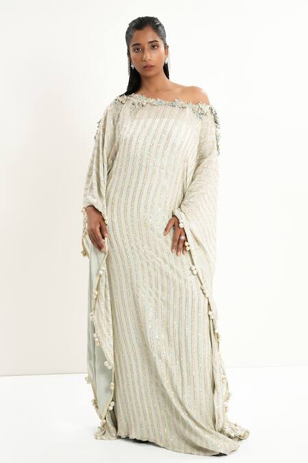 Aurouss Green Georgette, Satin, Twill Sequins Asymmetric Embroidered Kaftan at Aza Fashions Aurouss_Green Georgette, Satin, Twill Sequins Asymmetric Embroidered Kaftan _at_Aza_Fashions