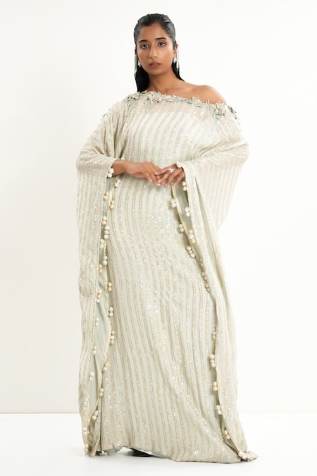 Buy Aurouss Green Georgette, Satin, Twill Sequins Asymmetric Embroidered Kaftan Buy_Aurouss_Green Georgette, Satin, Twill Sequins Asymmetric Embroidered Kaftan