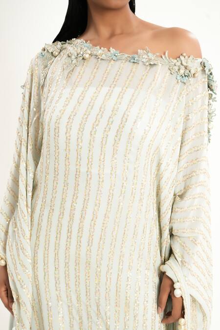 Shop Aurouss Green Georgette, Satin, Twill Sequins Asymmetric Embroidered Kaftan Shop_Aurouss_Green Georgette, Satin, Twill Sequins Asymmetric Embroidered Kaftan