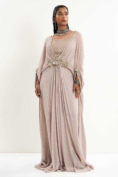 Buy_Aurouss_Gray Georgette Embroidery Square Neck Grey Foil Work Buti Kaftan _Online_at_Aza_Fashions