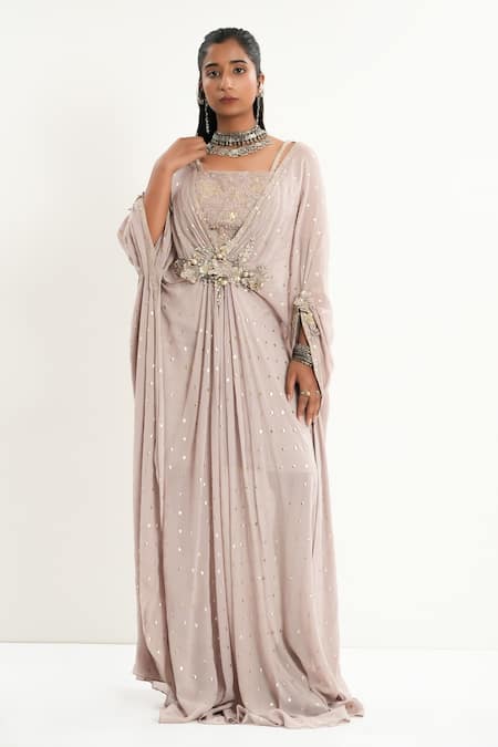 Shop_Aurouss_Gray Georgette Embroidery Square Neck Grey Foil Work Buti Kaftan _Online_at_Aza_Fashions