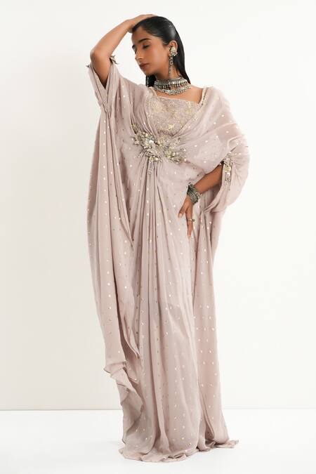 Aurouss_Gray Georgette Embroidery Square Neck Grey Foil Work Buti Kaftan _at_Aza_Fashions