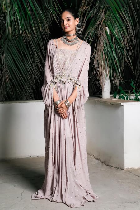 Buy_Aurouss_Gray Georgette Embroidery Square Neck Grey Foil Work Buti Kaftan 