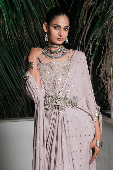 Shop_Aurouss_Gray Georgette Embroidery Square Neck Grey Foil Work Buti Kaftan 