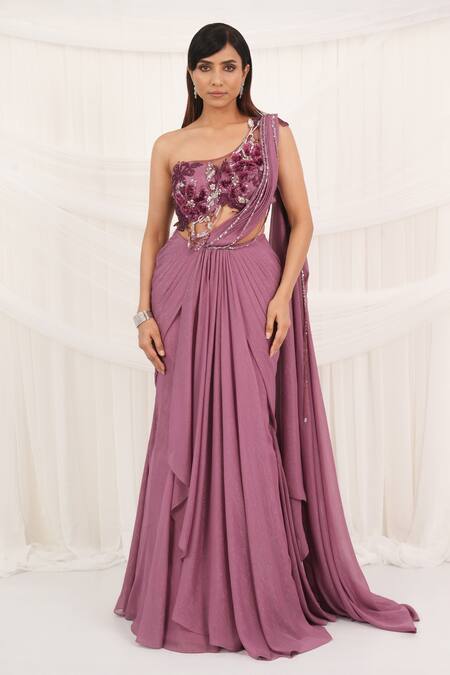 Aurouss_Purple Chiffon, Tulle Sequins, Beads, Designer Pre-draped Saree With Blouse _at_Aza_Fashions