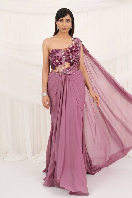 Buy_Aurouss_Purple Chiffon, Tulle Sequins, Beads, Designer Pre-draped Saree With Blouse 