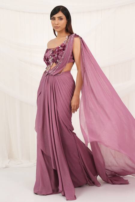 Shop_Aurouss_Purple Chiffon, Tulle Sequins, Beads, Designer Pre-draped Saree With Blouse 