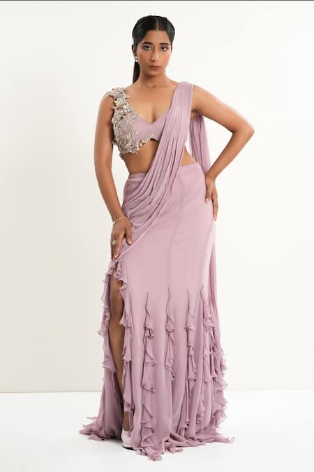 Aurouss Pink Georgette, Tulle Beads, Embroidery Designer Pre-draped Saree With Blouse