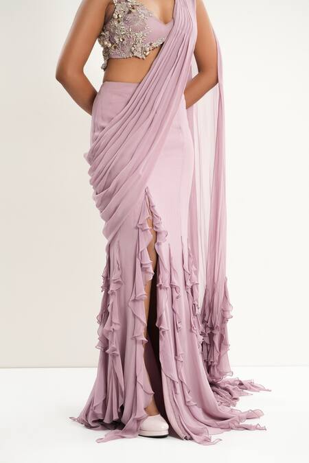 Buy_Aurouss_Pink Georgette, Tulle Beads, Embroidery Designer Pre-draped Saree With Blouse _Online_at_Aza_Fashions