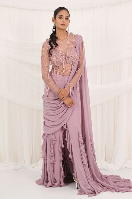 Buy_Aurouss_Pink Georgette, Tulle, Mesh Beads, Sequins Round Designer Pre-draped Saree Set _Online_at_Aza_Fashions