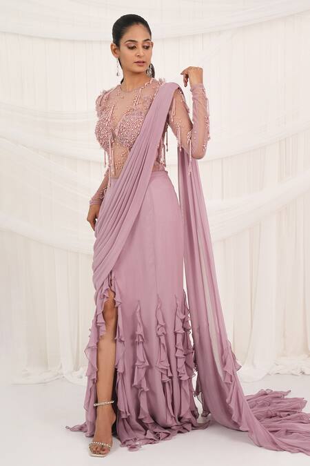 Shop_Aurouss_Pink Georgette, Tulle, Mesh Beads, Sequins Round Designer Pre-draped Saree Set _Online_at_Aza_Fashions