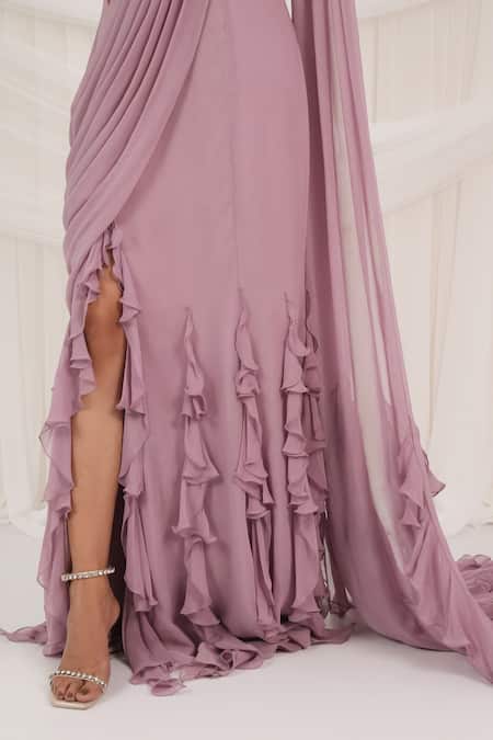 Aurouss_Pink Georgette, Tulle, Mesh Beads, Sequins Round Designer Pre-draped Saree Set _at_Aza_Fashions