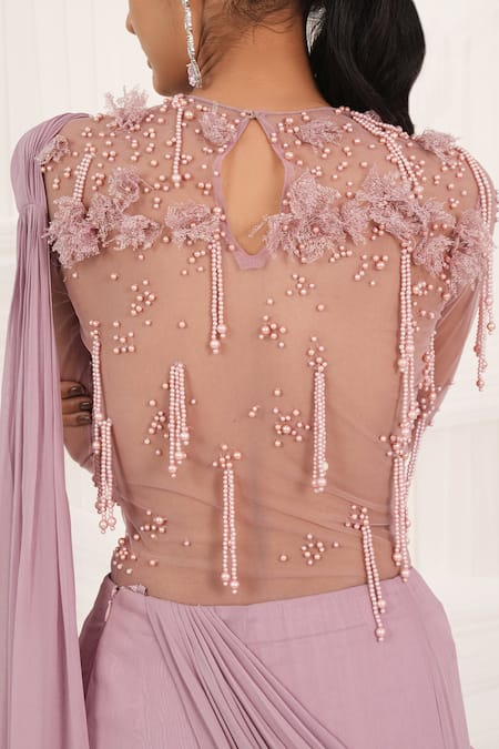 Shop_Aurouss_Pink Georgette, Tulle, Mesh Beads, Sequins Round Designer Pre-draped Saree Set 