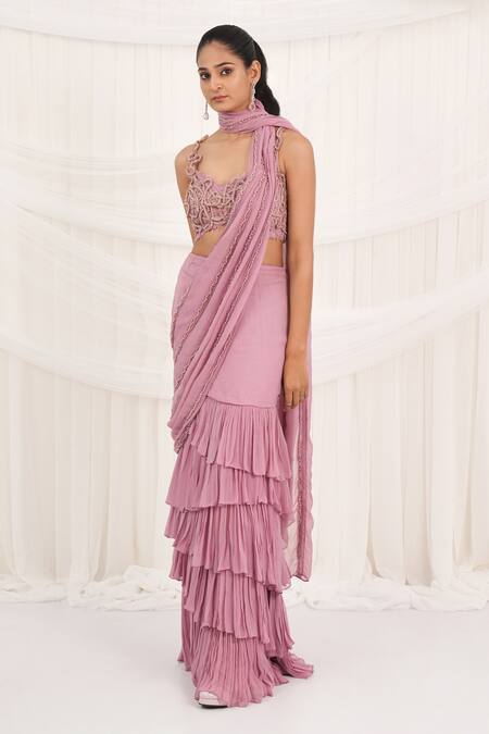 Shop Aurouss Pink Georgette, Mesh Beads, Embroidery Designer Pre-draped Saree And Blouse Set Online at Aza Fashions Shop_Aurouss_Pink Georgette, Mesh Beads, Embroidery Designer Pre-draped Saree And Blouse Set _Online_at_Aza_Fashions