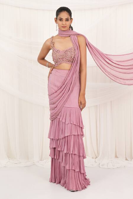 Aurouss Pink Georgette, Mesh Beads, Embroidery Designer Pre-draped Saree And Blouse Set at Aza Fashions Aurouss_Pink Georgette, Mesh Beads, Embroidery Designer Pre-draped Saree And Blouse Set _at_Aza_Fashions