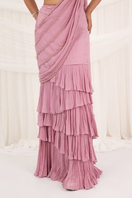 Buy Aurouss Pink Georgette, Mesh Beads, Embroidery Designer Pre-draped Saree And Blouse Set Buy_Aurouss_Pink Georgette, Mesh Beads, Embroidery Designer Pre-draped Saree And Blouse Set