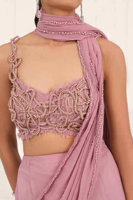 Shop Aurouss Pink Georgette, Mesh Beads, Embroidery Designer Pre-draped Saree And Blouse Set Shop_Aurouss_Pink Georgette, Mesh Beads, Embroidery Designer Pre-draped Saree And Blouse Set