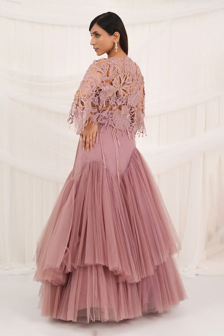 Aurouss Rose Tulle Embroidered Lehenga Set 