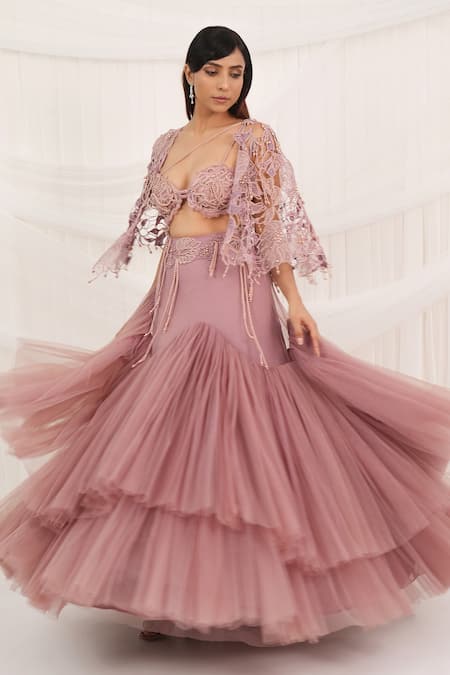 Buy_Aurouss_Pink Tulle, Georgette, Mesh, Organza Beads, Embroidery Rose Lehenga Set _Online_at_Aza_Fashions
