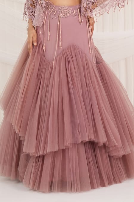 Shop_Aurouss_Pink Tulle, Georgette, Mesh, Organza Beads, Embroidery Rose Lehenga Set _Online_at_Aza_Fashions