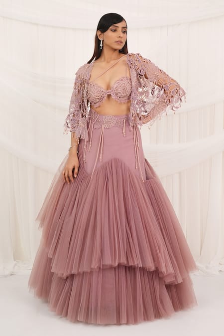 Aurouss_Pink Tulle, Georgette, Mesh, Organza Beads, Embroidery Rose Lehenga Set _at_Aza_Fashions