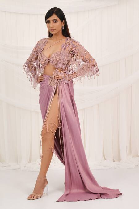 Buy_Aurouss_Pink Twill, Satin, Mesh Beads, Embroidery Scoop Rose Draped Skirt And Cape Set _Online_at_Aza_Fashions