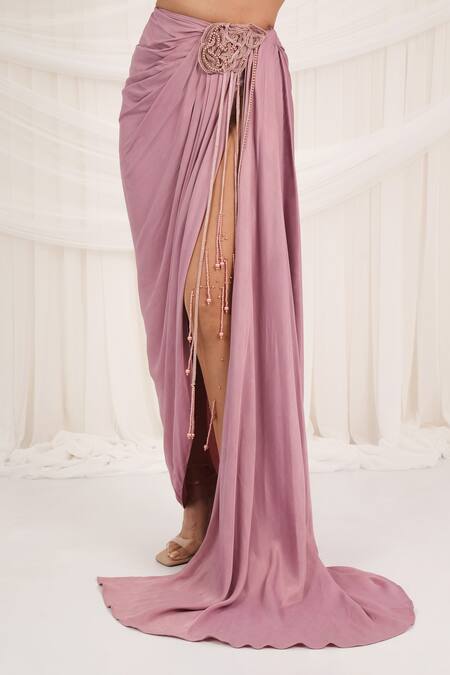 Shop_Aurouss_Pink Twill, Satin, Mesh Beads, Embroidery Scoop Rose Draped Skirt And Cape Set _Online_at_Aza_Fashions