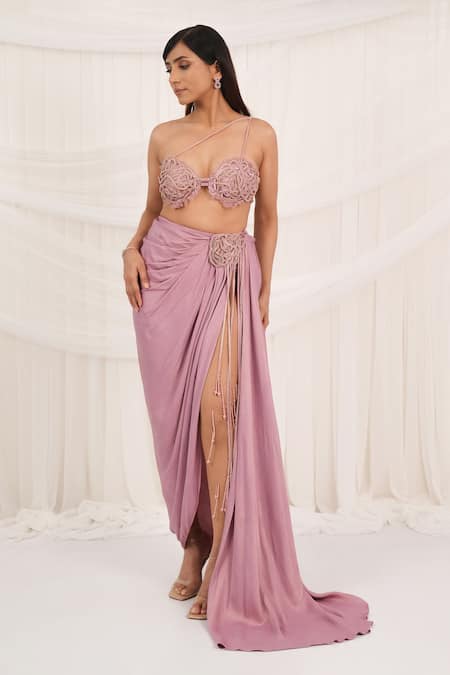 Buy_Aurouss_Pink Twill, Satin, Mesh Beads, Embroidery Scoop Rose Draped Skirt And Cape Set 