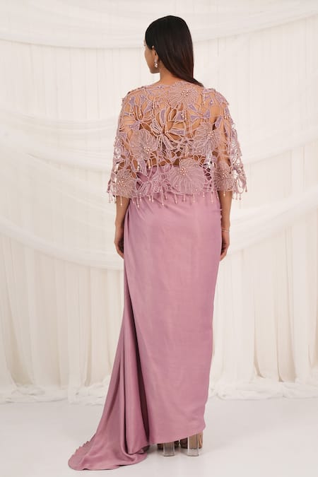 Aurouss Rose Satin Draped Skirt & Cape Set 