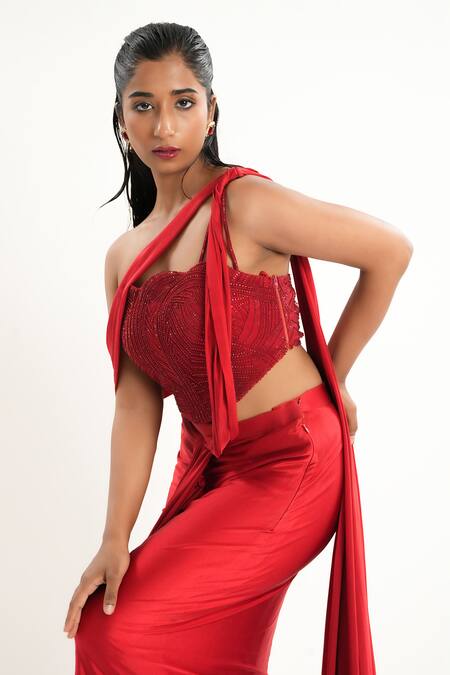 Shop_Aurouss_Red Spandex, Tulle Beads Asymmetric Pre-draped Saree With Blouse _Online_at_Aza_Fashions