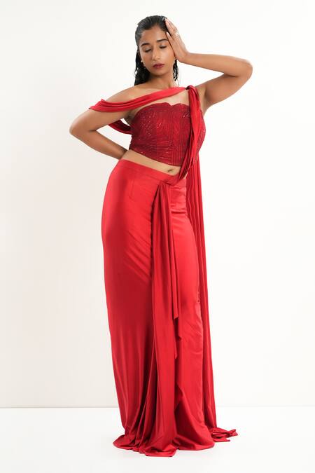 Aurouss_Red Spandex, Tulle Beads Asymmetric Pre-draped Saree With Blouse _at_Aza_Fashions