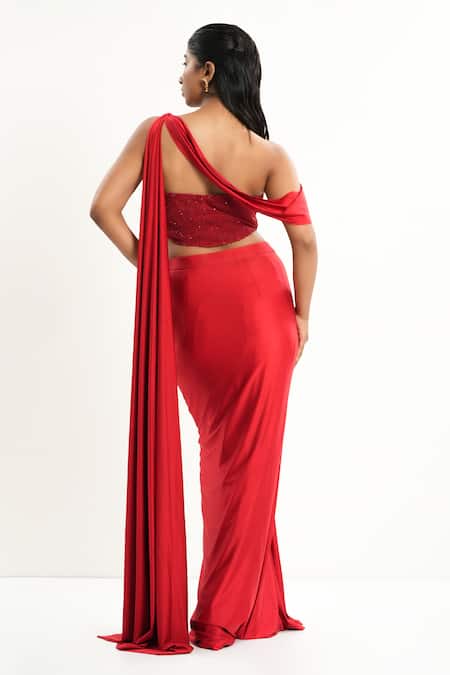 Aurouss Red Pre-Draped Saree With Blouse 